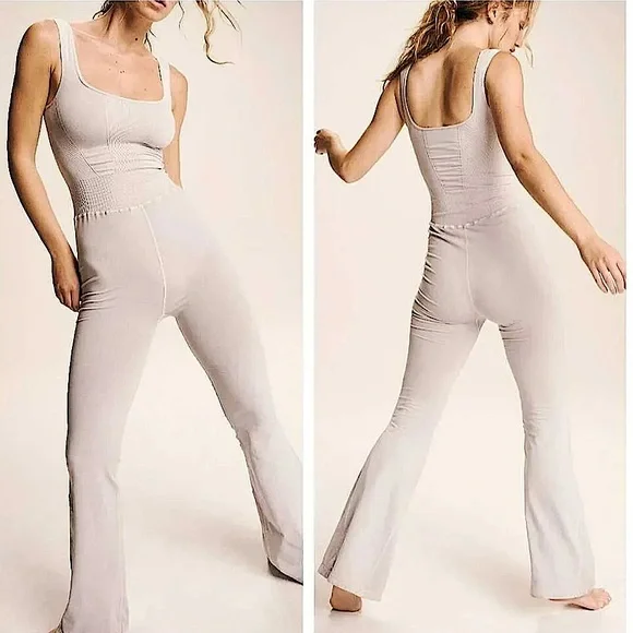 Free People Movement x The Class Good Karma grey flare onesie NEW - Picture 2 of 8